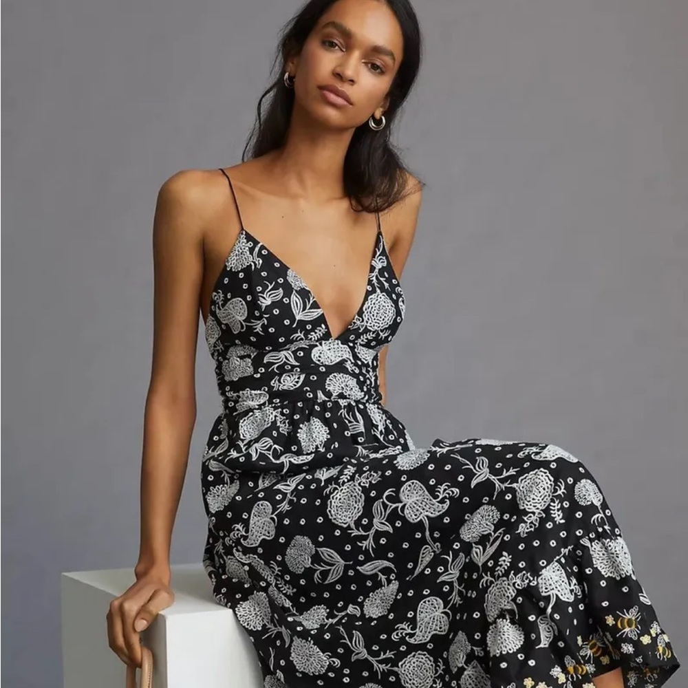 ANTHROPOLOGIE Maeve Embroidered Midi Dress Boho Floral Pockets XL